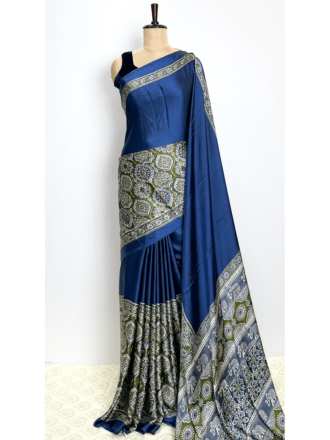Ajrak Print Sarees - Dark Blue Colour - QS215527