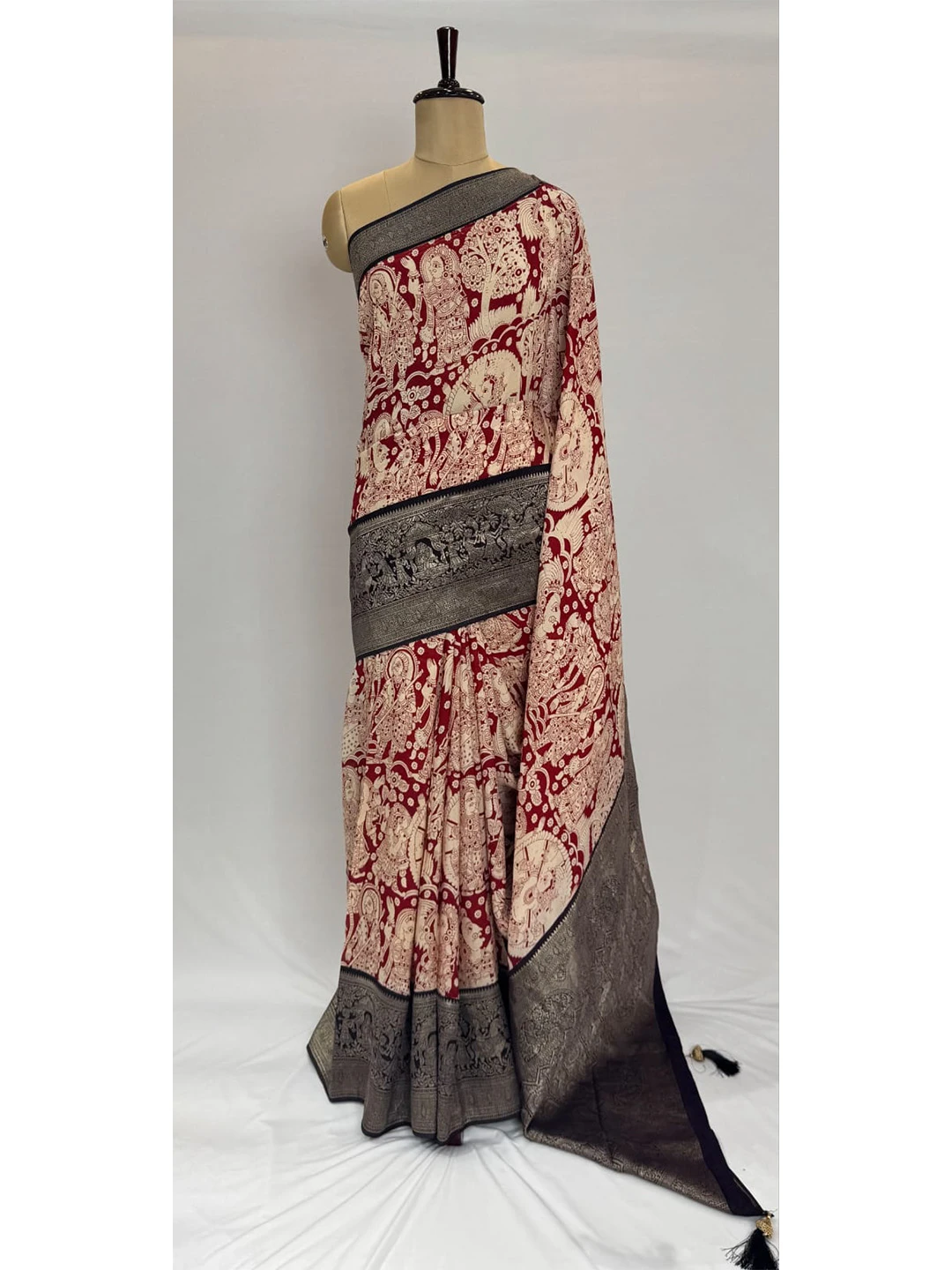 Semi Crape Sarees - kamalkari Printed - Cream & Black Colour QS205974