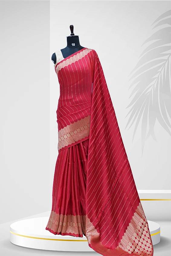Silk Saree Elegant Red  With Gold Zari Stripes And Broad Circular Border QS236753