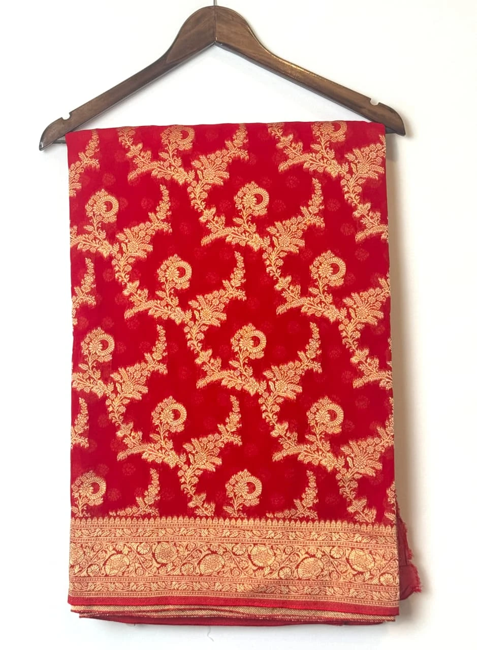 khadhi Georgette Vibrant Red with Golden Zari Saree QS257982