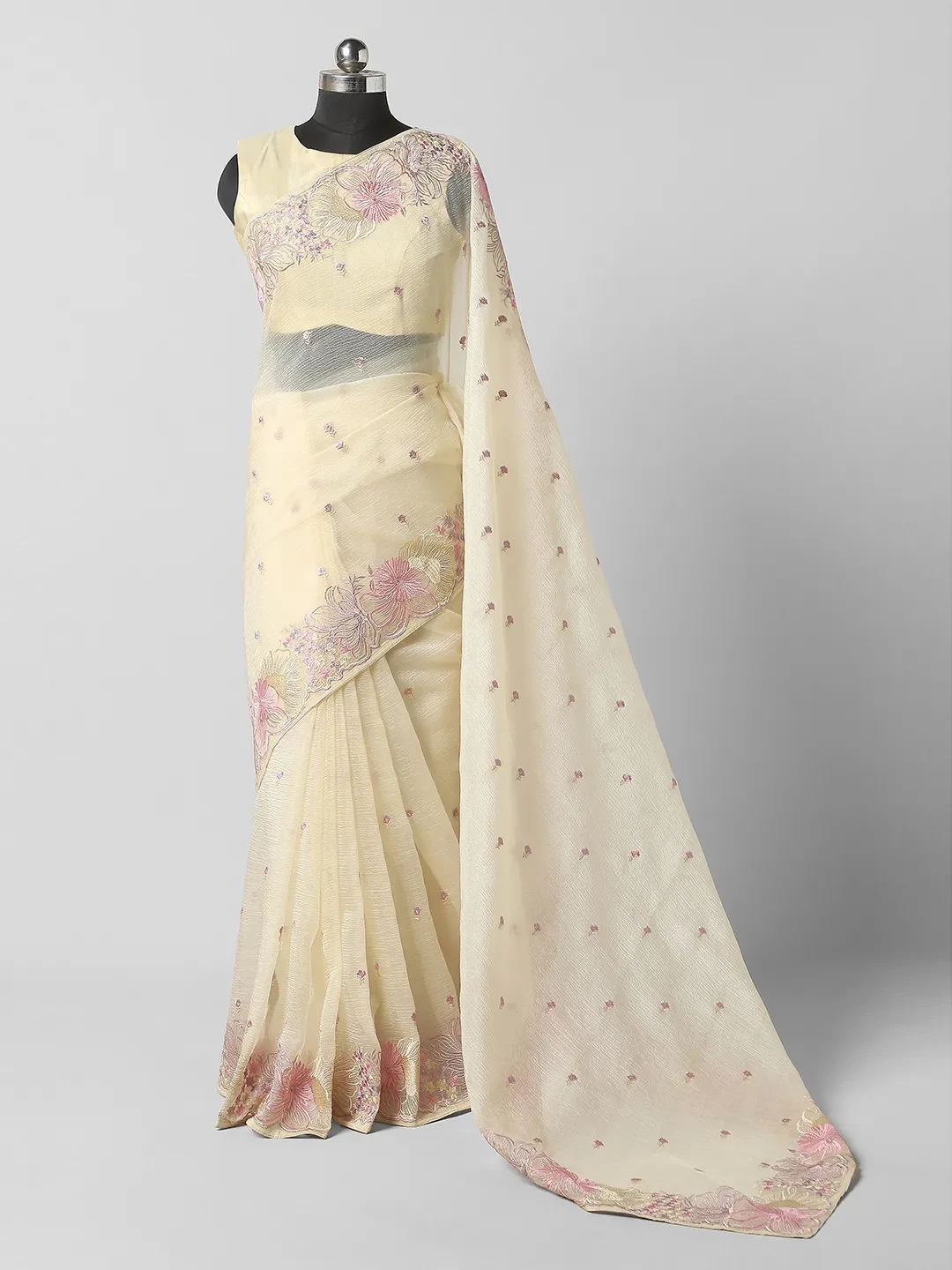 Organza Tissue Sarees - Cream Colour QA255126