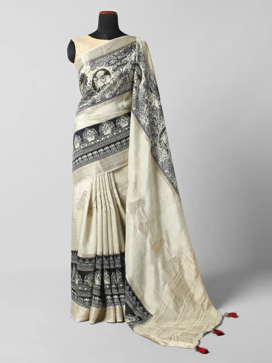 Crape Printed Sarees - Cream With Black Border colour QI202214