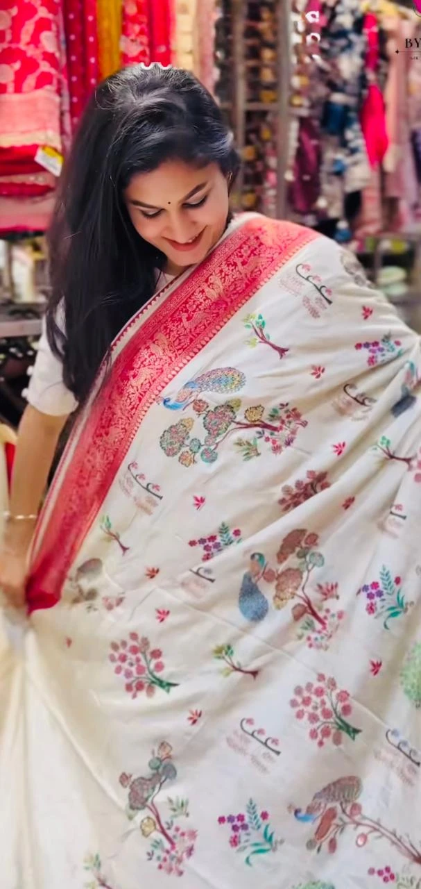 Banarasi Silk with Peacock Off White QS252171